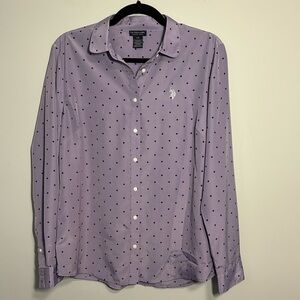 US Polo Association Long Sleeve Blouse Purple Polka Dots Large